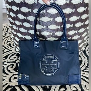 Tory Burch Logo Navy Blue Purse Bag Tote Pocket Book